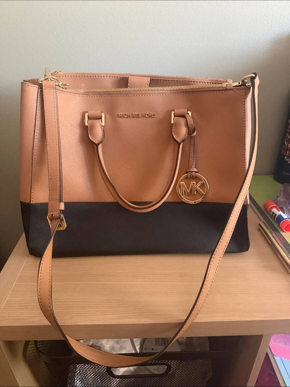 Michael Kors Tan and Black Leather Colorblock Tote